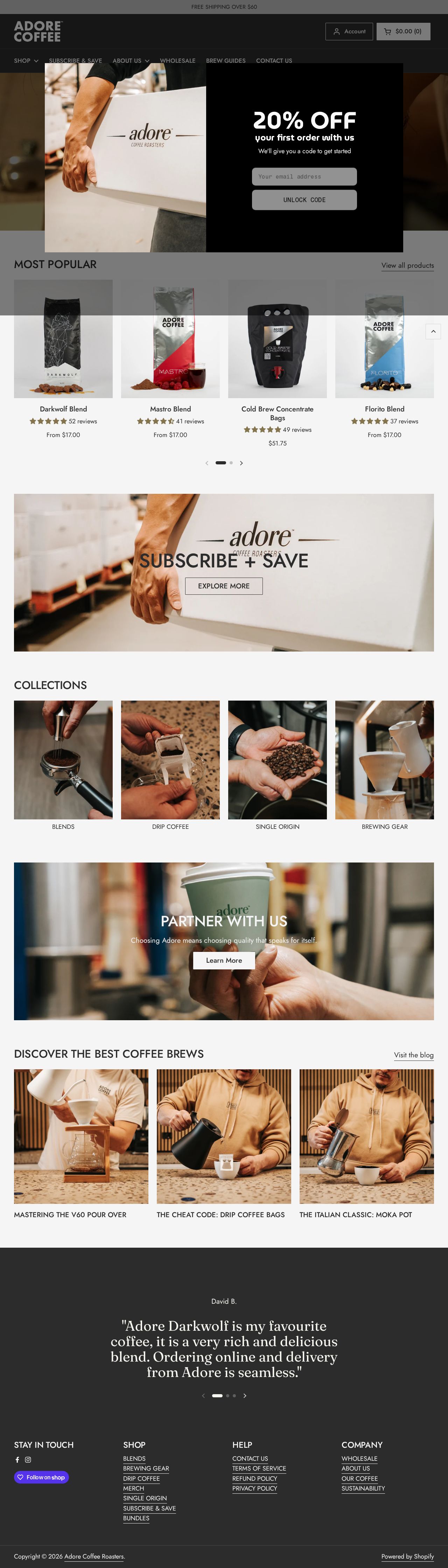 Adore Coffee website