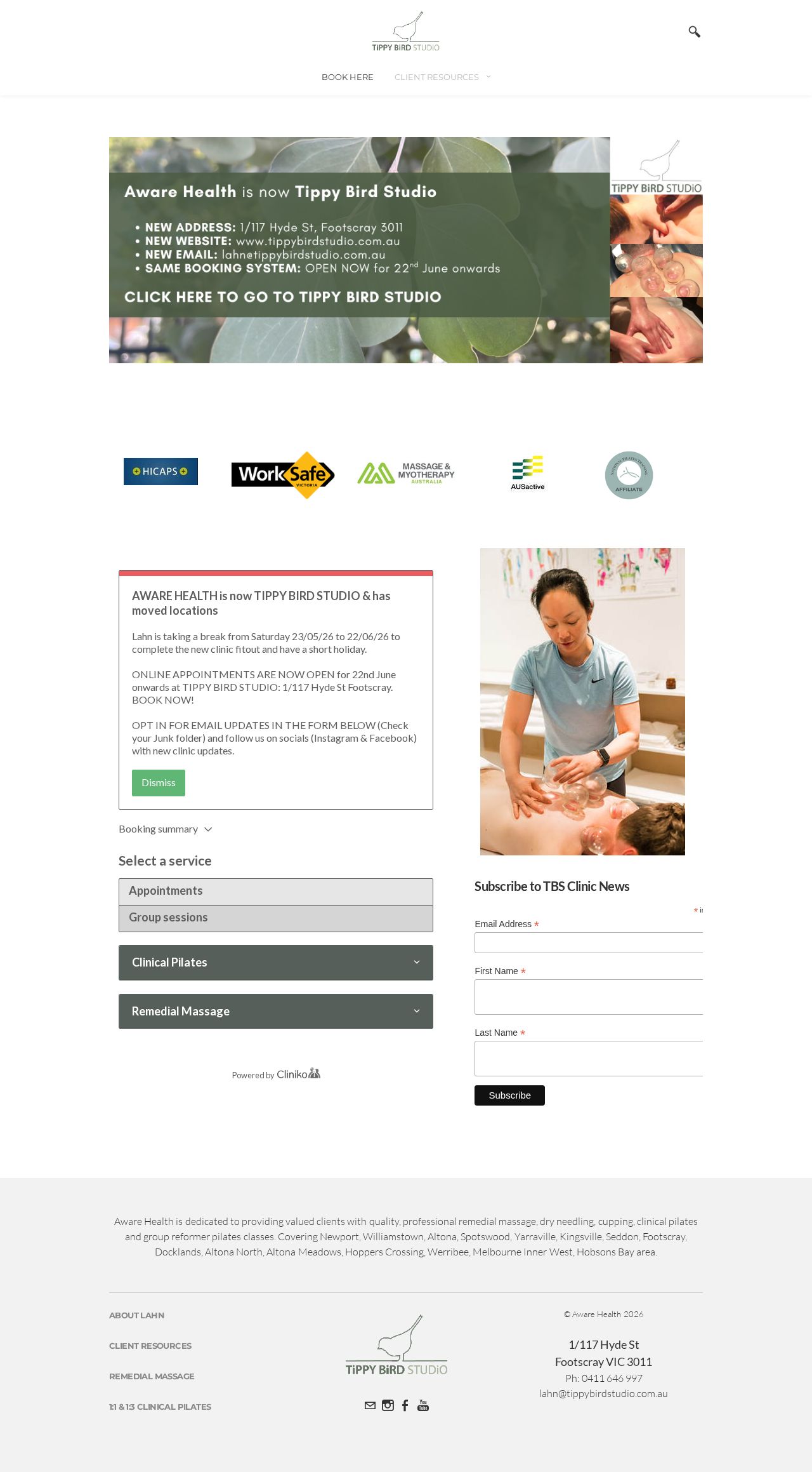 Aware Health - Massage & Pilates website