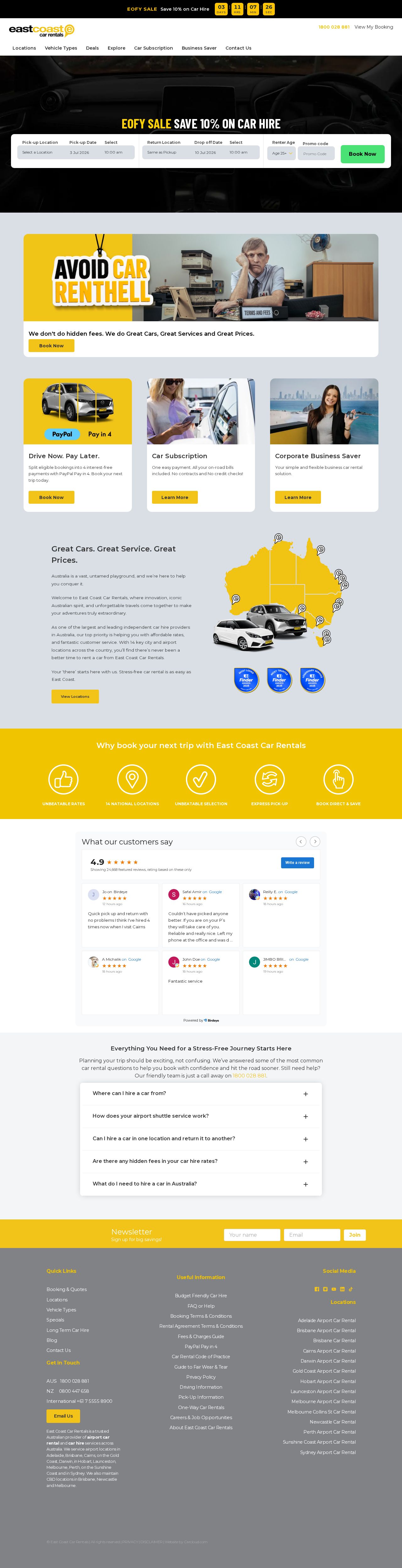 East Coast Car Rentals website