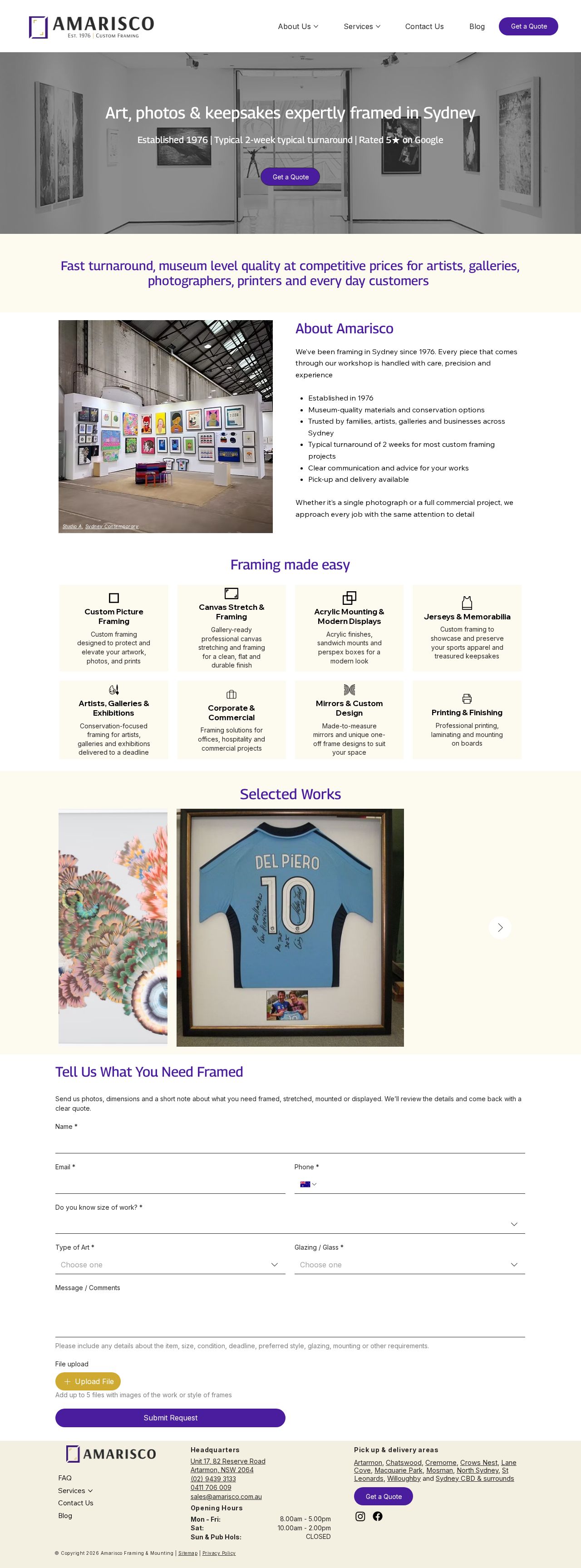 Amarisco Framing and Mounting website